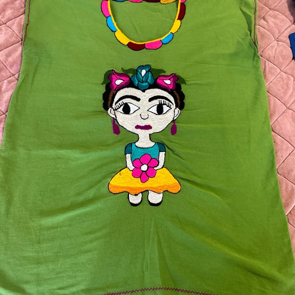 Floral Mexican Blouse - Embroidered - Authentic - Handmade - Green Frida Khalo